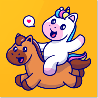 Cute Unicorn Riding Horse Cartoon Posters and Art